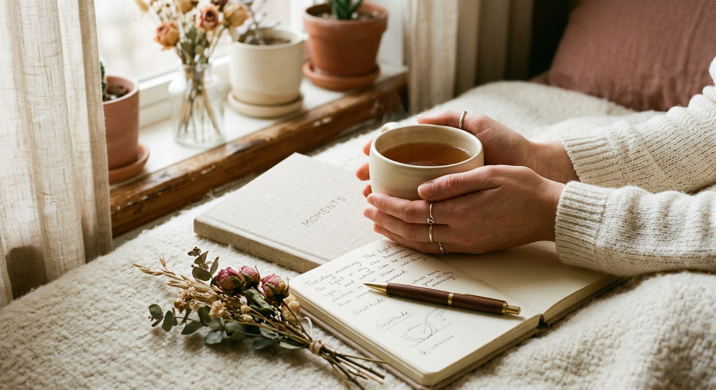 Una taza de té junto a un cuaderno abierto, bajo la luz suave de la mañana